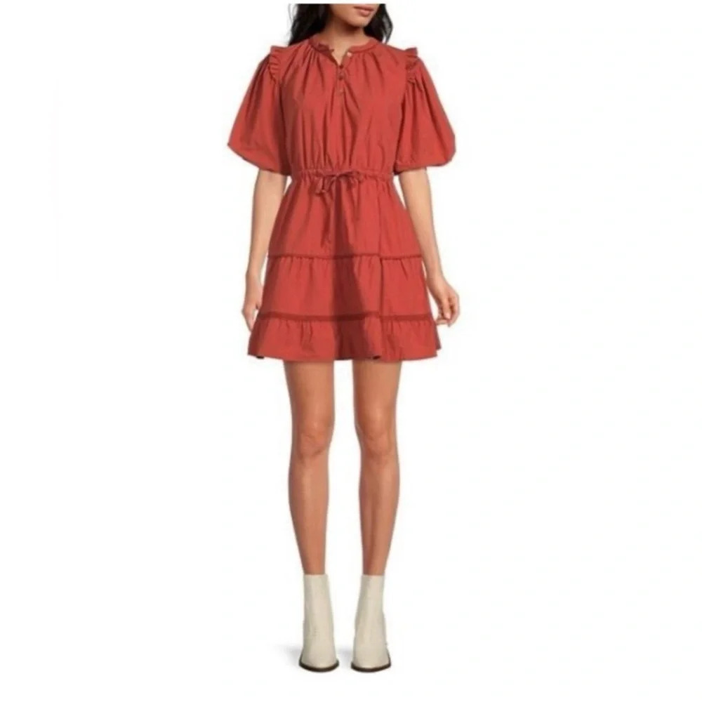 Lost & Wander Canyon Clay Ruffle Shoulder Short Puff Sleeve Tiered Mini Dress S